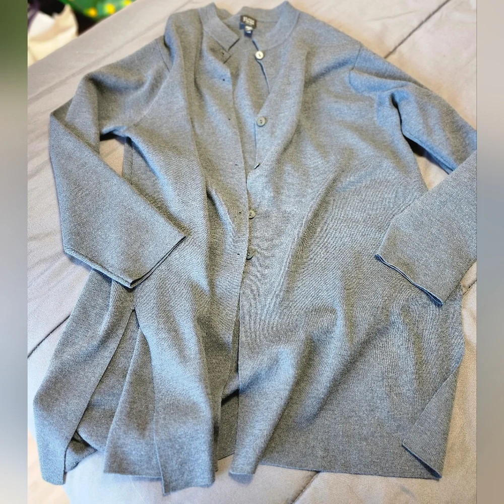 Eileen Fisher Wool Italian Yarn Wool Long Button Front Gray Cardigan Size 1X●
